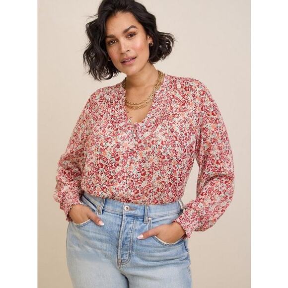 torrid Tops - Torrid Red Floral Crinkle Chiffon Smocked Sleeve Blouse - 4X